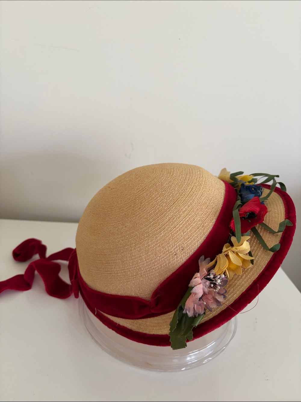 Vintage Girl’s Natural Straw Cloche Hat with Red Velvet Trim and Floral Detail